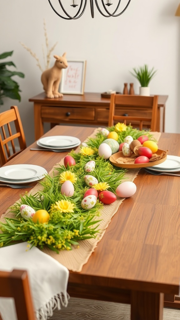 A table decorated with a colorful Easter table runner, featuring eggs and greenery.