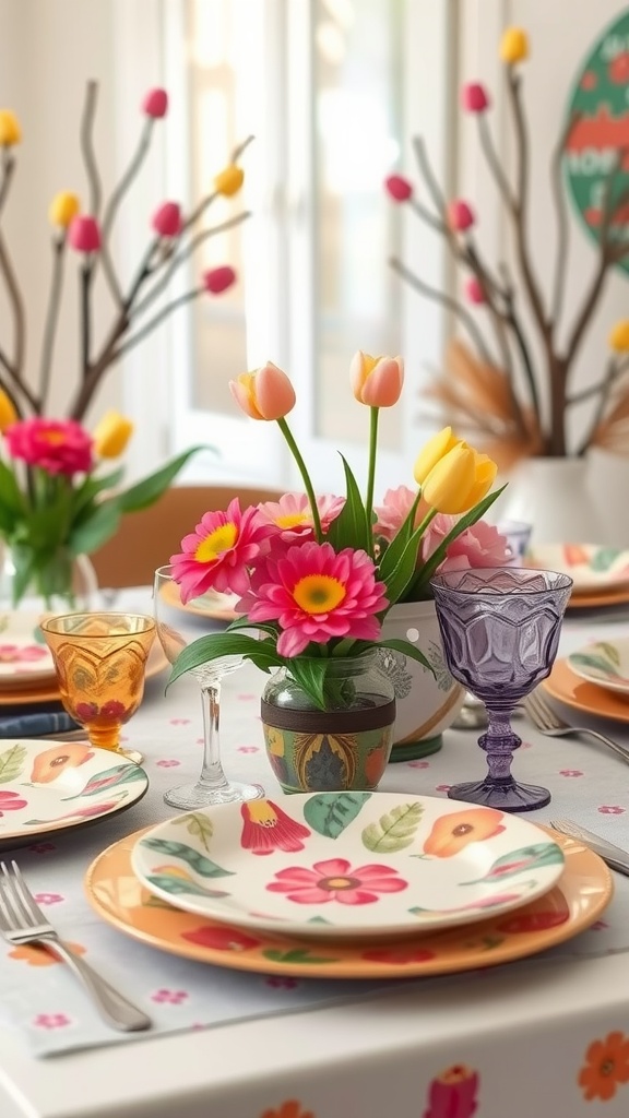 Colorful themed dinnerware set on a spring dining table with floral patterns and vibrant glasses.