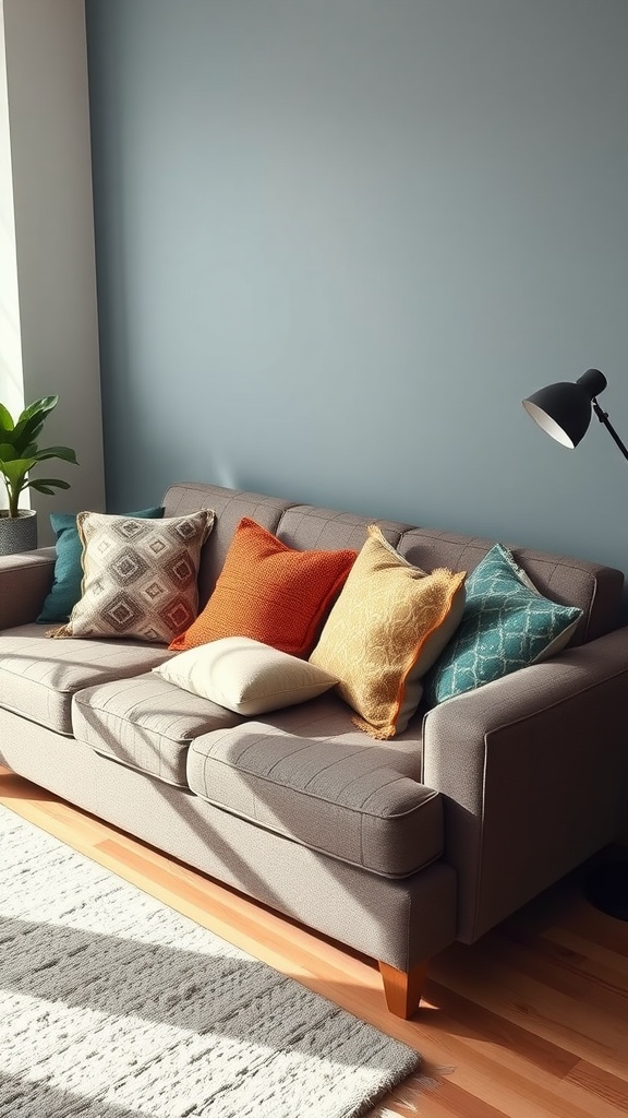 A cozy dorm living room with a sofa decorated with colorful throw pillows.