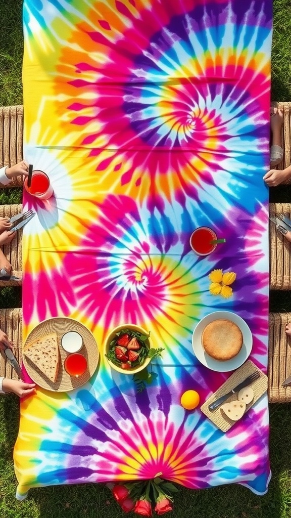 A colorful tie-dye tablecloth set for a picnic with food items on it.