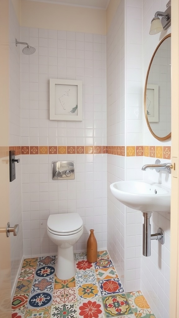 A small bathroom featuring colorful tile designs on the floor, white tiled walls, and modern fixtures.