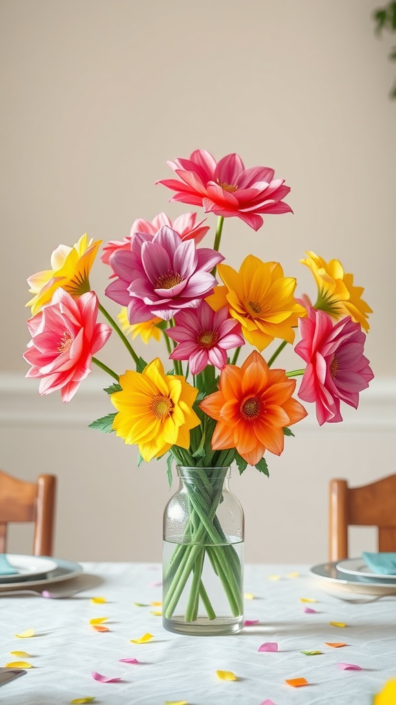 Colorful tissue paper flowers in a vase