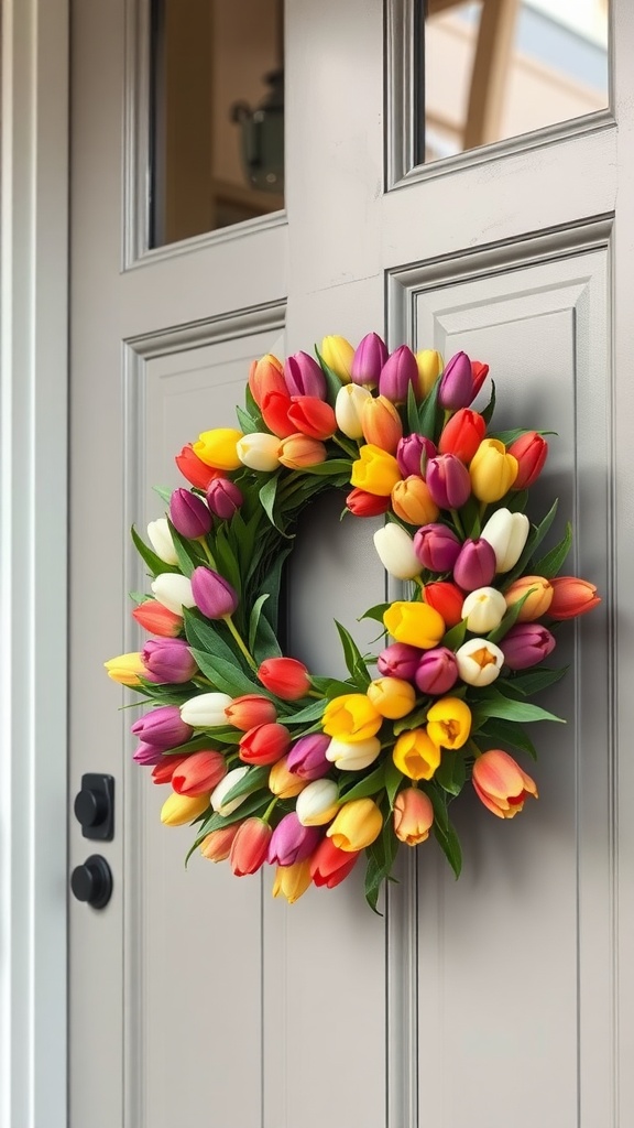 A vibrant wreath made of colorful tulips hanging on a front door.