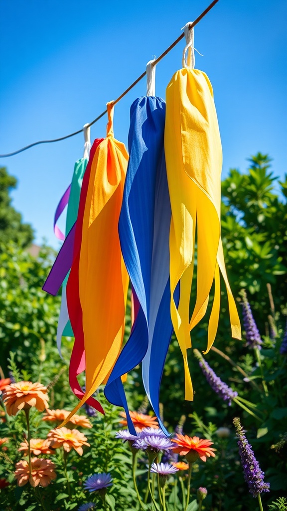 Colorful wind socks hanging on a line against a blue sky, surrounded by flowers