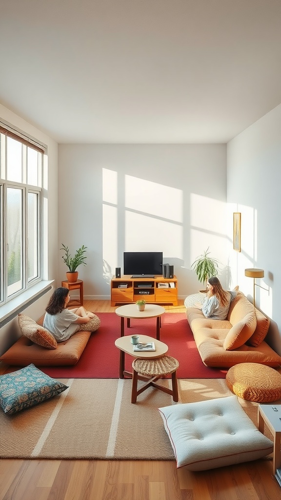 A cozy dorm living room with comfortable floor seating, featuring cushions and a coffee table.