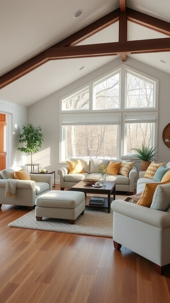 A cozy ranch-style living room featuring comfortable sectional sofas, a wooden coffee table, and large windows.