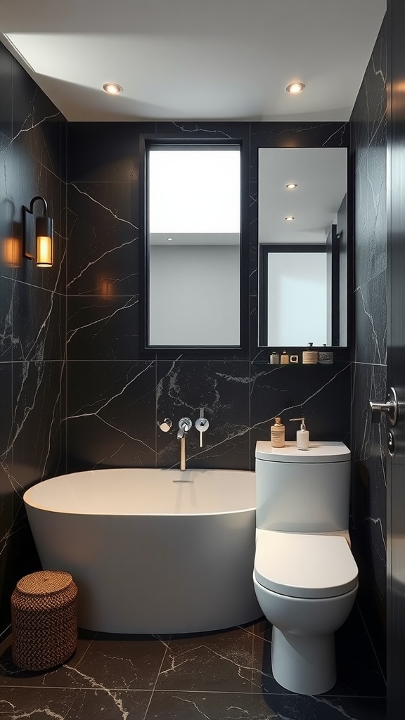 A modern bathroom featuring black marble walls, a white freestanding bathtub, and warm lighting.