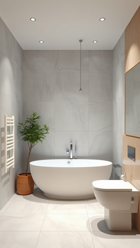 A modern Japanese bathroom featuring a freestanding bathtub, natural materials, and minimalist design.