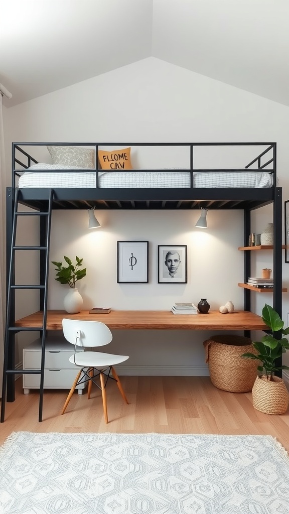 A contemporary loft bed with a black metal frame, a wooden desk underneath, plants, and decorative artwork