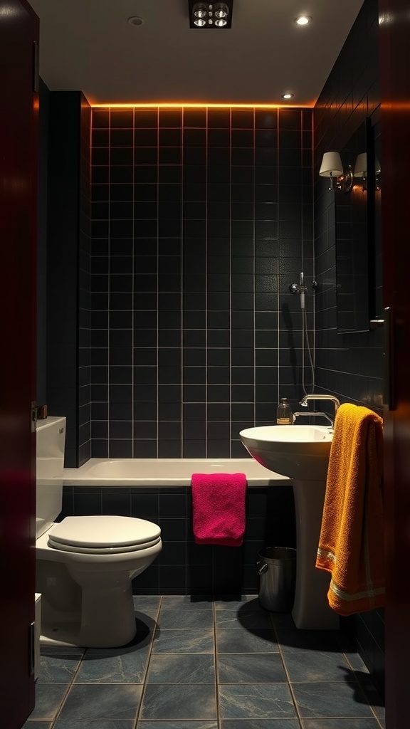 A dark bathroom featuring colorful towels.