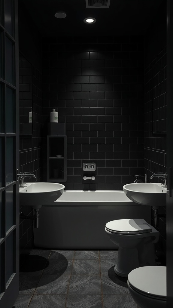 A small dark bathroom featuring black tiles and white fixtures, showcasing a contrast with light elements.