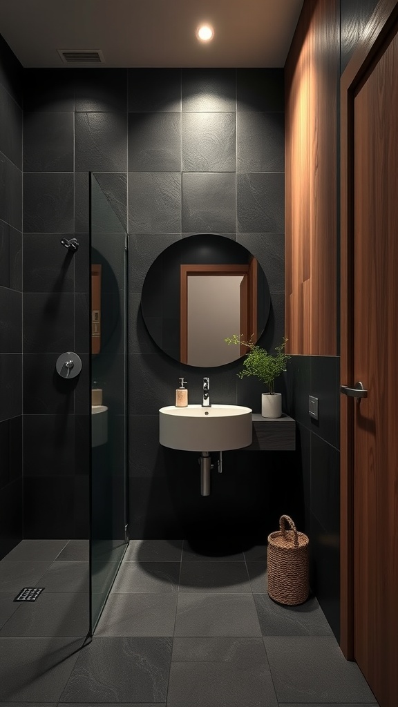 A modern bathroom featuring dark tiles and light wood accents