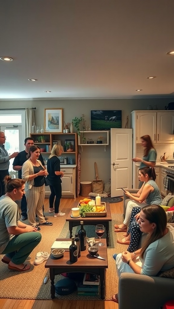 A lively gathering in a combined living room and kitchen, featuring friends enjoying food and drinks.