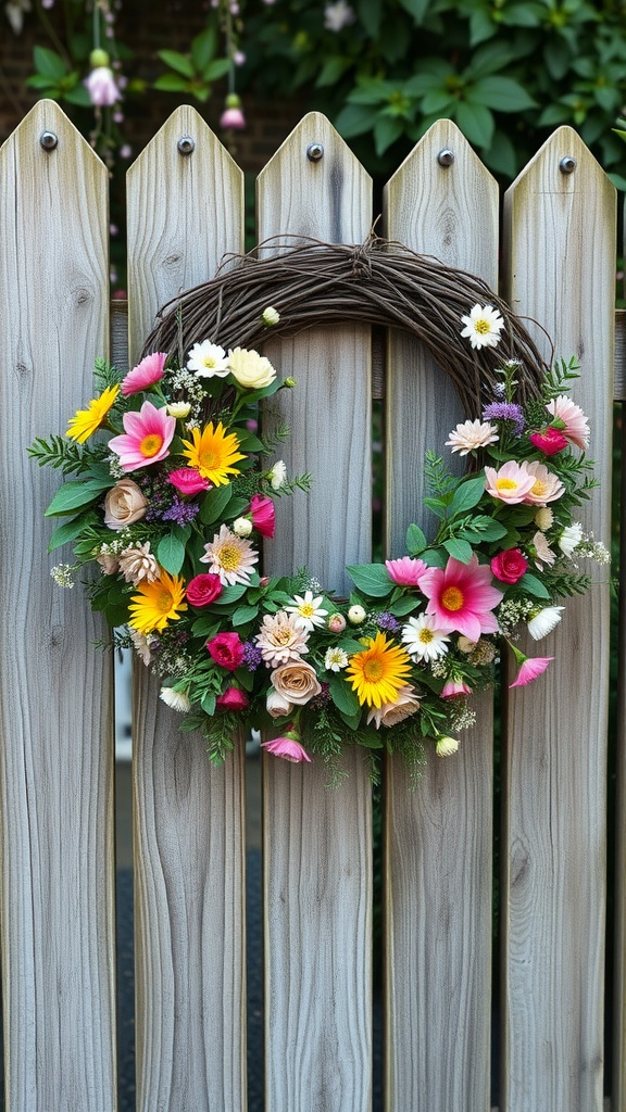 A colorful floral wreath made of various flowers, displayed on a wooden fence