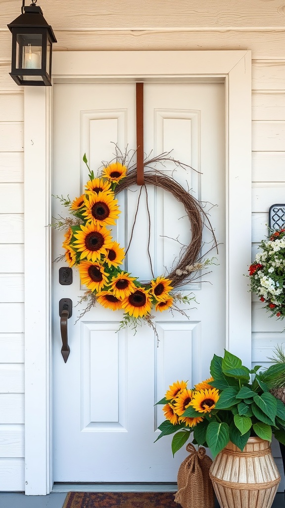 A front door adorned with a country-style sunflower wreath and a matching bouquet on the ground.