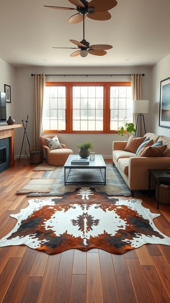 A cozy western living room featuring a cowhide rug, wooden flooring, and large windows.