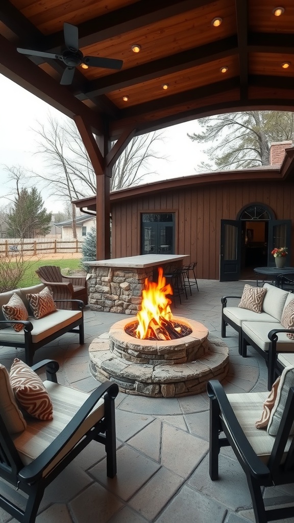 Cozy fire pit area with stone seating and wooden beams overhead.