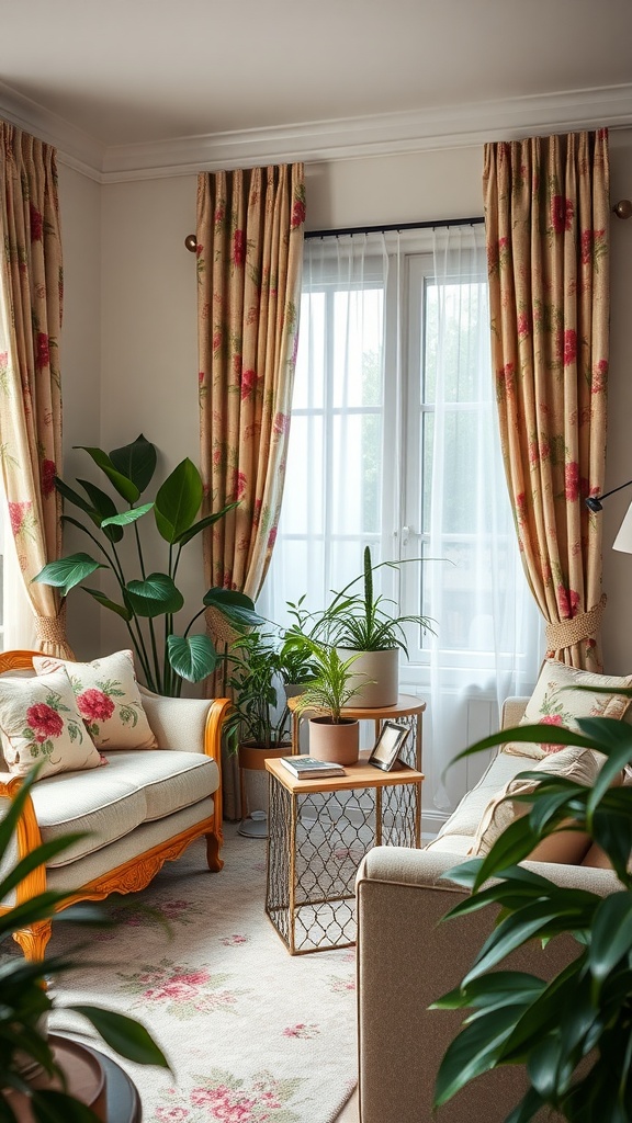 A cozy living room with floral patterns on curtains and cushions, surrounded by indoor plants.