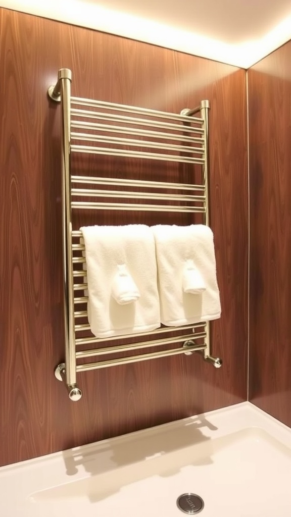 A modern heated towel rack with two white towels hanging on it, set against a wooden background.