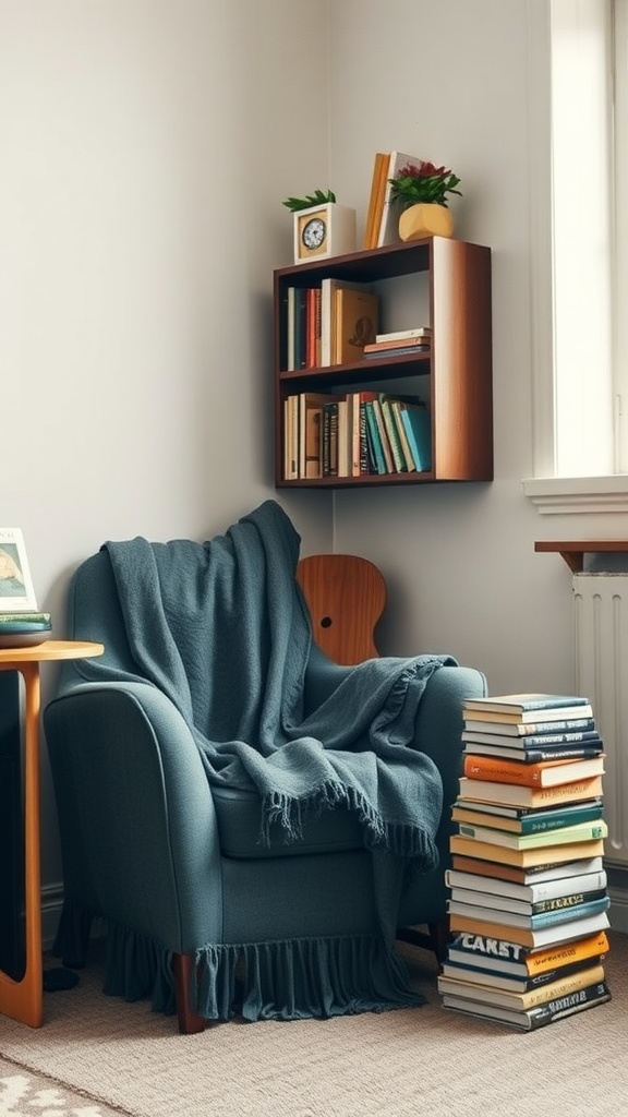 A cozy reading nook featuring a blue armchair, a blanket draped over it, a small bookshelf with books and plants, and a stack of books beside the chair.