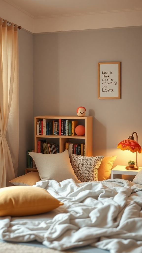 A cozy reading nook with a soft bed, pillows, a bookshelf filled with books, and warm lighting.