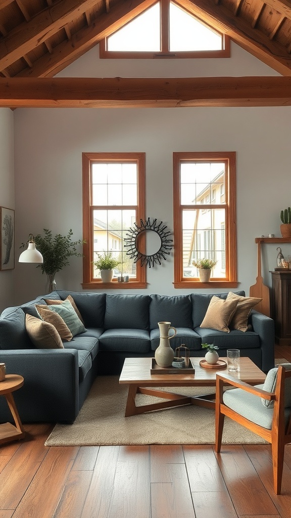 A cozy living room featuring a dark gray sectional couch, wooden beams, and natural decor.