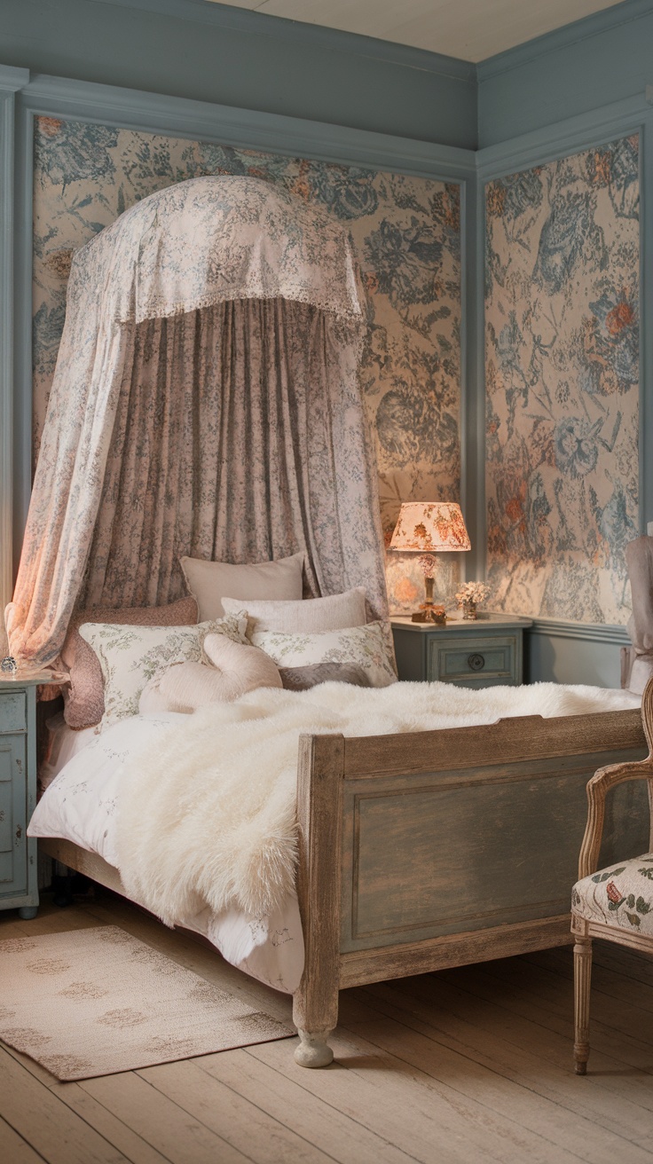 A cozy shabby chic bedroom with a canopy bed, floral wallpaper, and soft bedding.