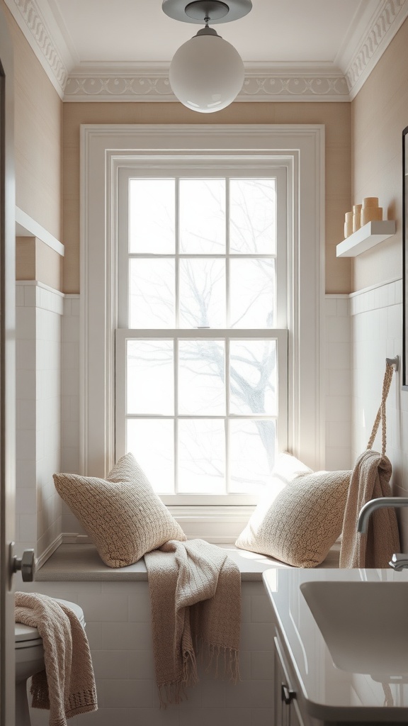 A cozy bathroom window nook with pillows and a throw, illuminated by natural light.