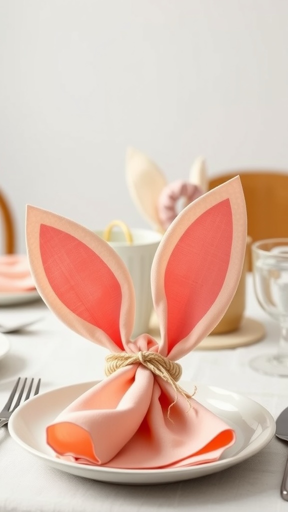 Bunny ear napkin holder made from pastel napkins, tied with twine, on a white plate