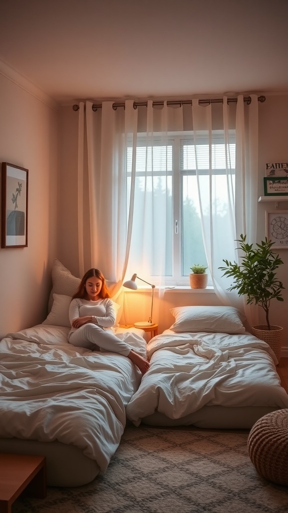 A cozy shared bedroom with two beds, soft bedding, a lamp, and a plant by the window.