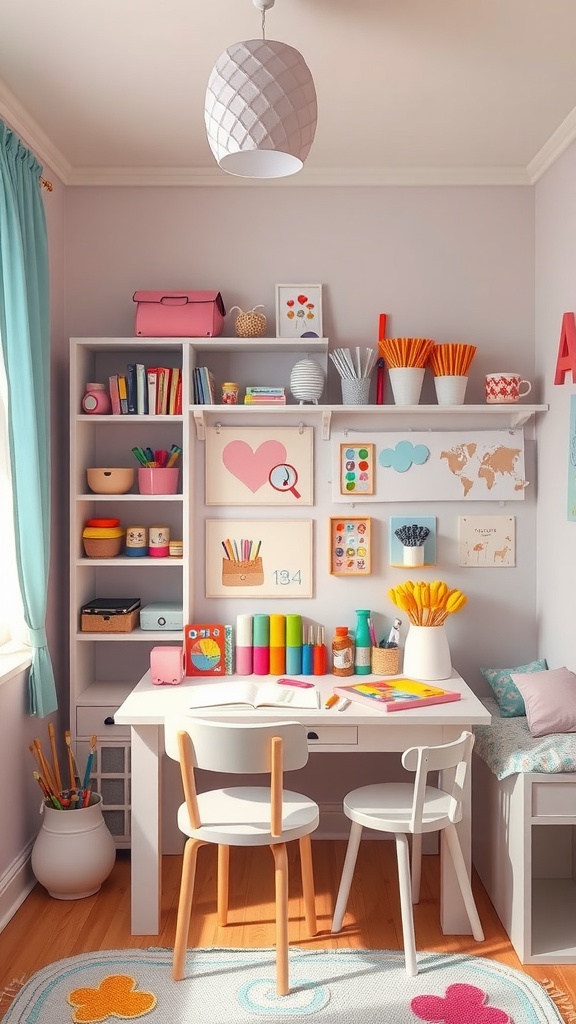 A bright and organized crafting station with colorful supplies, a white desk, and cheerful decorations.