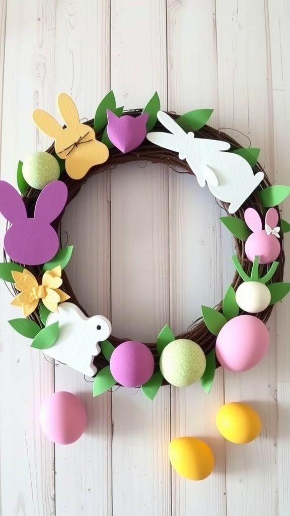 Colorful Easter wreath made with foam shapes from Dollar Tree, featuring bunnies, eggs, and flowers.