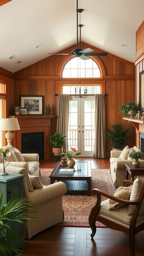 A cozy ranch-style living room featuring warm wood tones, large windows, and comfortable furnishings.