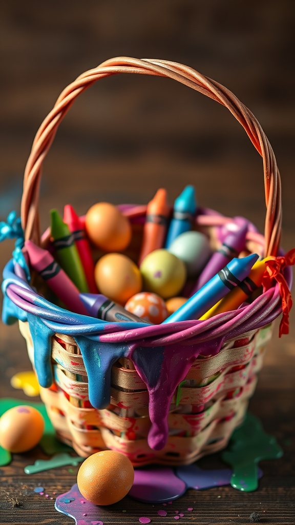 Colorful basket filled with crayons and painted eggs, showcasing melted crayon wax drizzling down the sides.