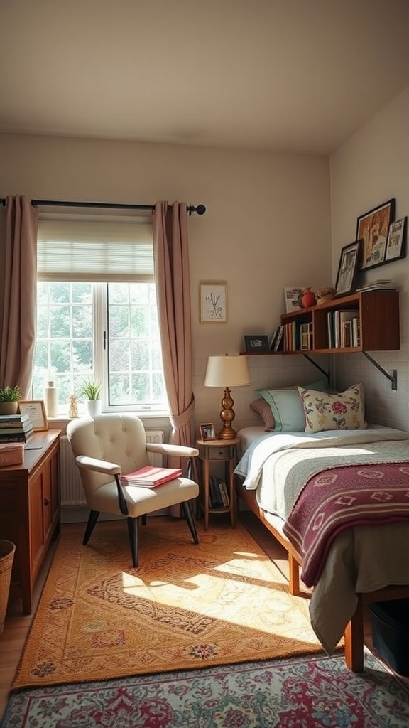 Cozy reading nook in a small shared bedroom with a comfortable armchair, books, and a warm atmosphere.