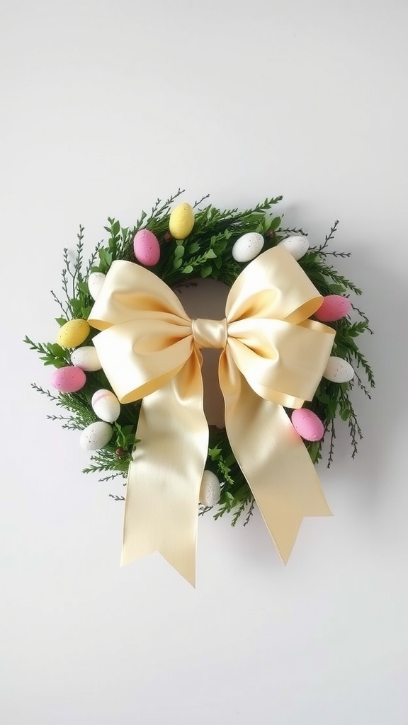 Easter wreath featuring colorful eggs and a large yellow ribbon bow