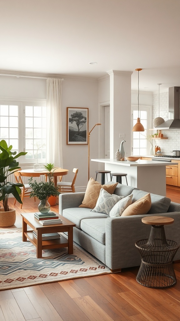 A cozy living room and kitchen area featuring a gray sofa, wooden dining table, and natural light.