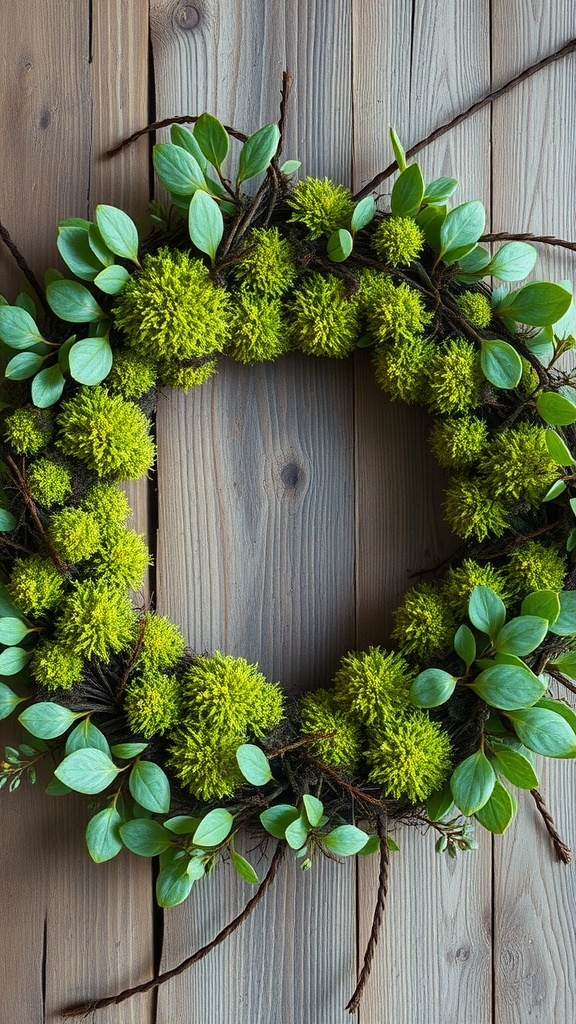 A textured wreath made with bright green moss and foliage, displayed on a wooden background.