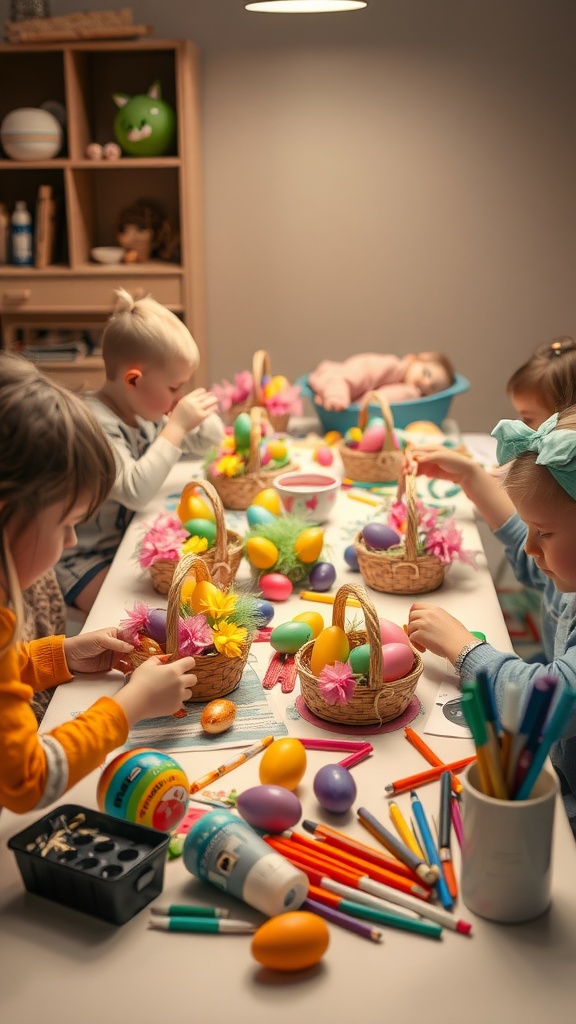 Kids decorating Easter baskets with colorful eggs and craft supplies on a table.