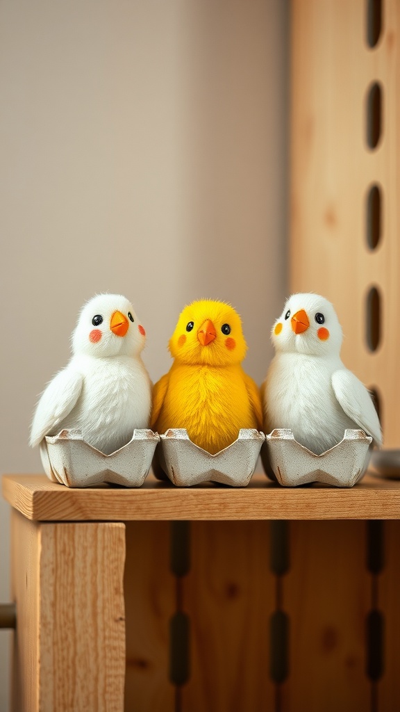 Three colorful chick figures made from egg cartons, sitting in an egg carton on a wooden shelf.