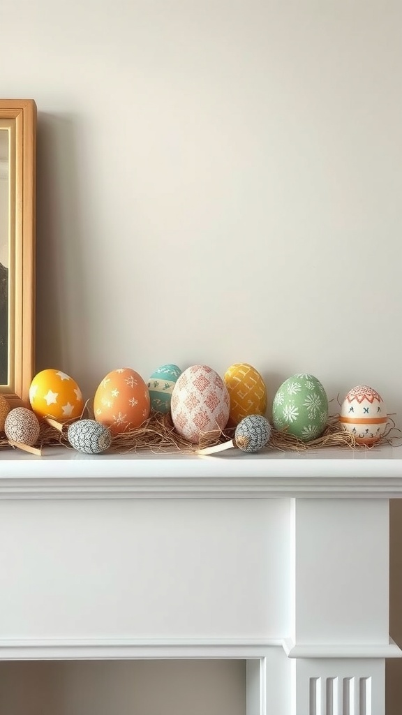 Colorful decorative eggs displayed on a mantel