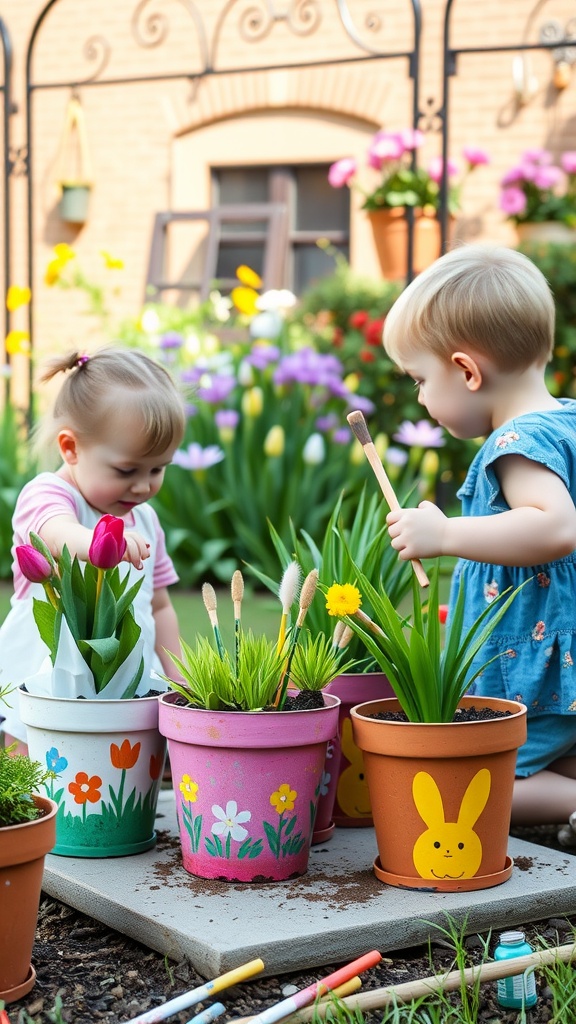 Two children painting colorful flower pots in a garden setting