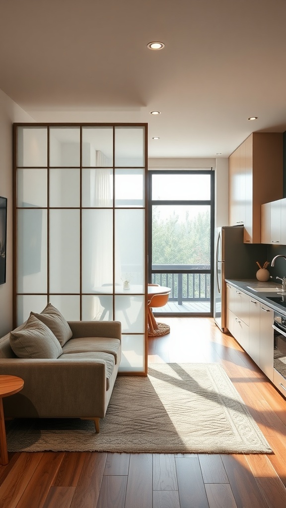 A stylish partition dividing a living room from a kitchen, featuring a modern design with natural light.