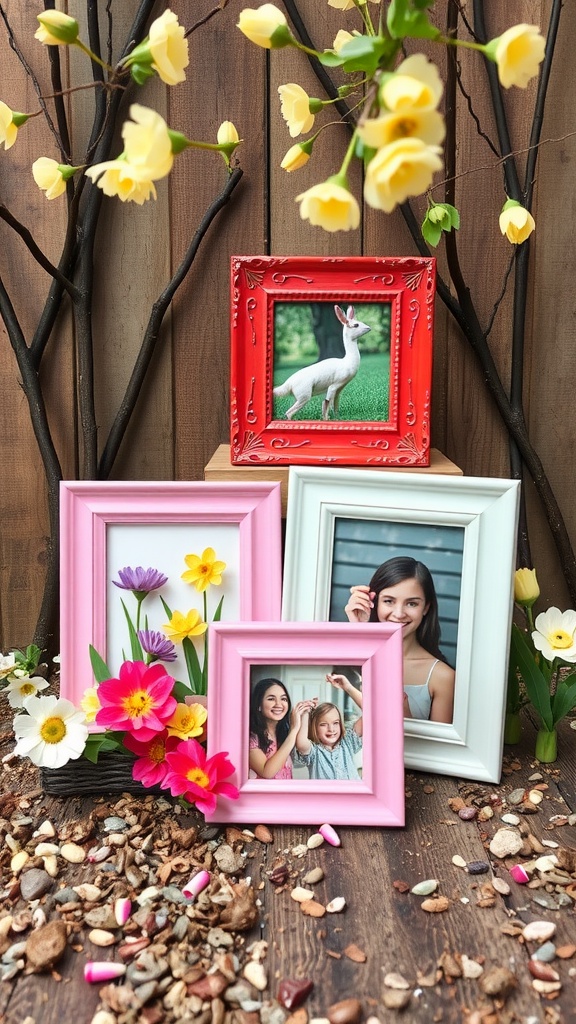 A display of colorful picture frames surrounded by flowers, showcasing creative picture frame ideas for spring.