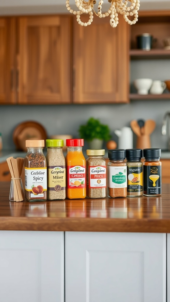 A row of colorful spice containers on a kitchen island with wooden cabinets in the background.