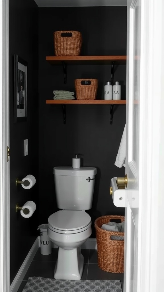 Small dark bathroom with shelves and baskets for storage