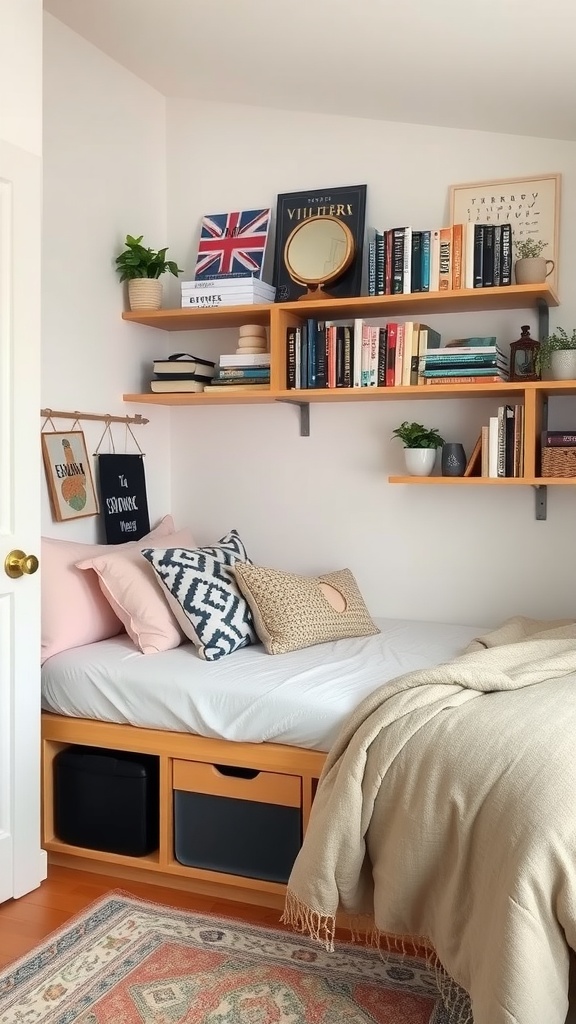 A small shared bedroom featuring a bed with storage drawers, open shelving filled with books and decor, and decorative pillows.