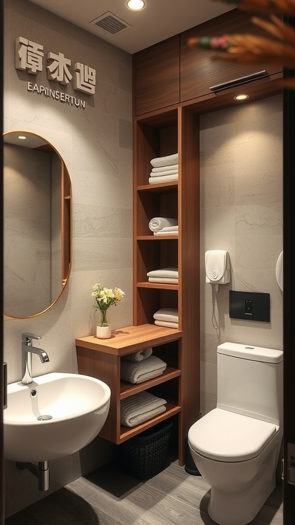 A modern Japanese bathroom featuring creative storage solutions with wood shelving, a circular mirror, and a contemporary sink design.