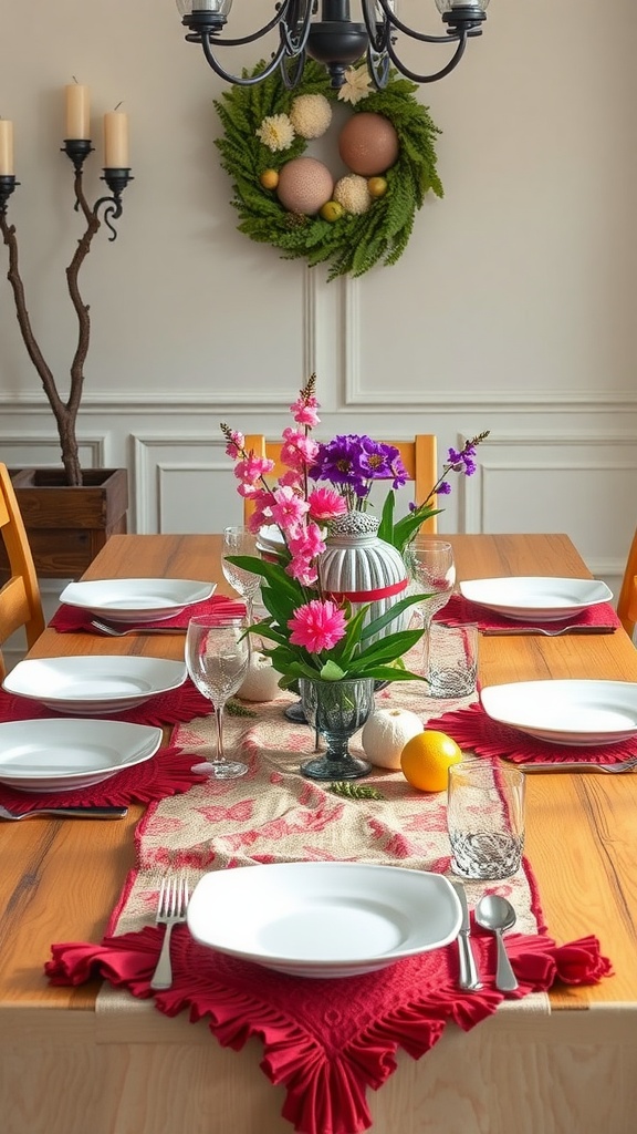 A spring dinner table setting with a burlap table runner, floral centerpiece, and vibrant accents.