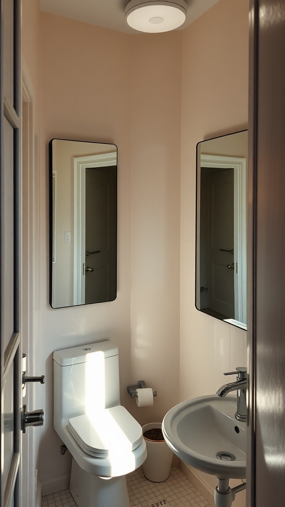 Small bathroom with two vertical mirrors reflecting light